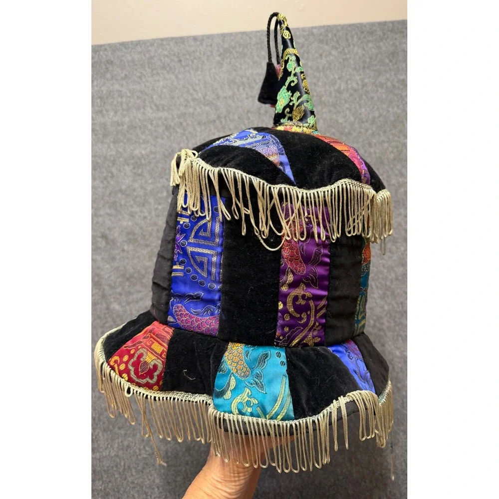 Colorful Renaissance Velvet Patchwork Jester Hat with Gold Fringe and Tassel